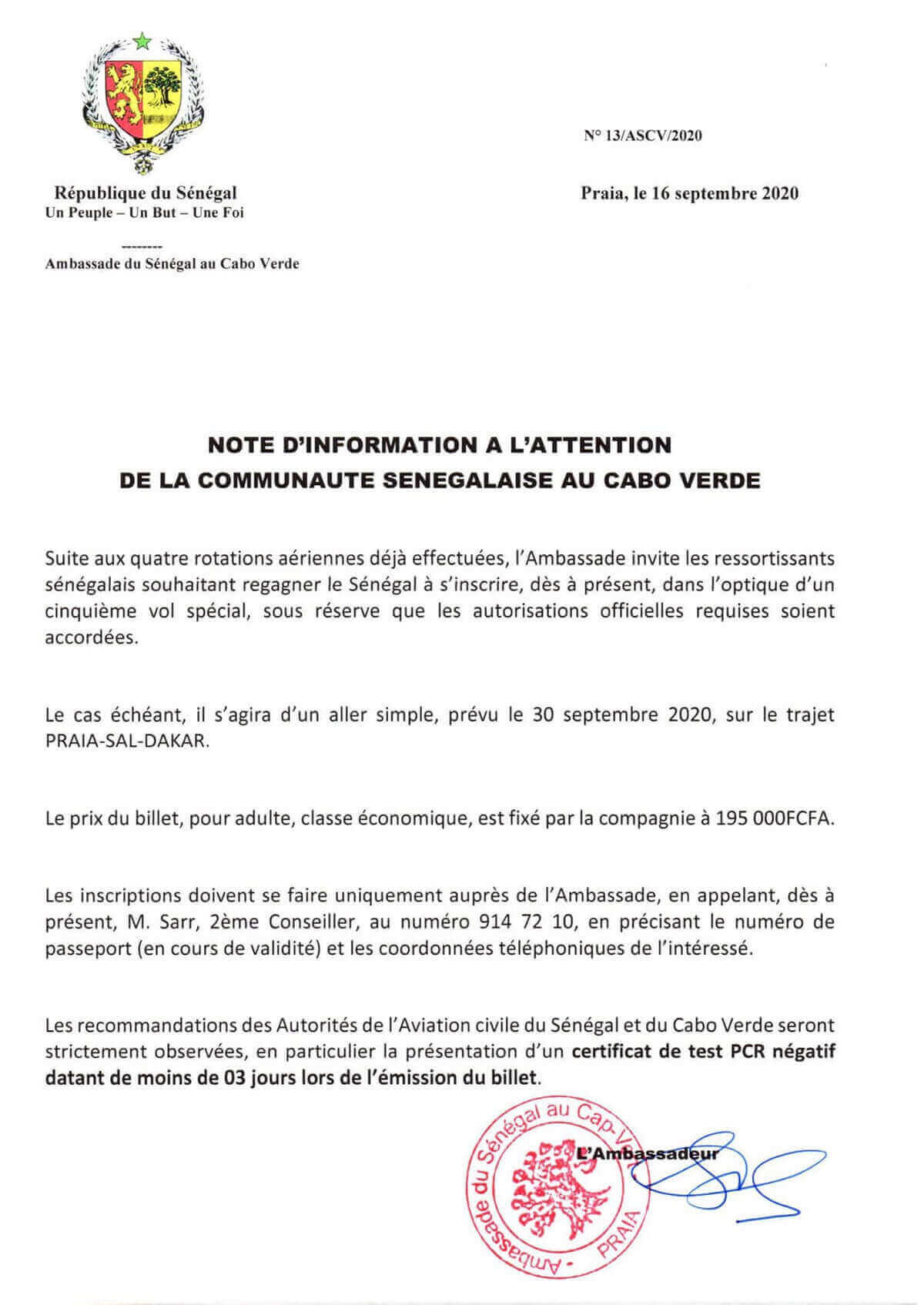 Note d'information de la communauté sénégalaise de Cabo Verde